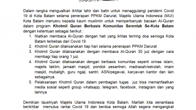 MUI Himbau Warga Batam Khatamkan Quran Serentak di Masa PPKM