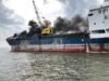 Kapal Muatan Sagu Terbakar di Perairan Selat Air Hitam