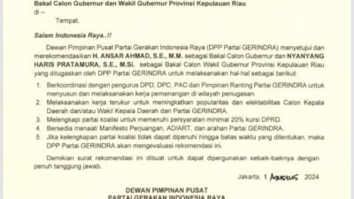 Breaking News – Partai Gerindra Beri Rekomendasi Untuk Ansar dan Nyanyang di Pilgub Kepri 